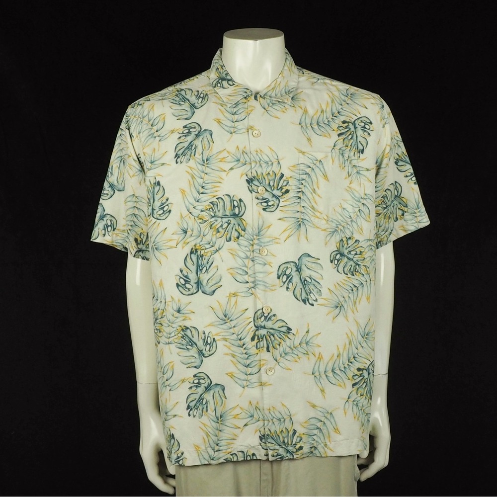 Tommy Bahama 100% Silk Hawaiian Shirt Mens XL Beige Floral Aqua Fresca Camp